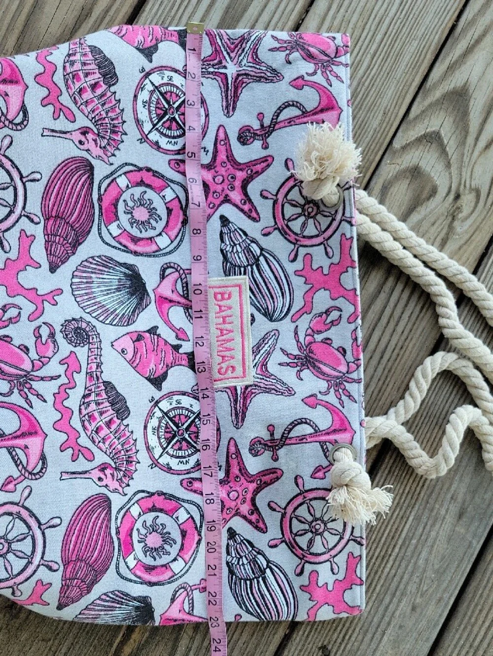 Bahamas Pink Nautical Large Canvas Tote with Rope Handles
